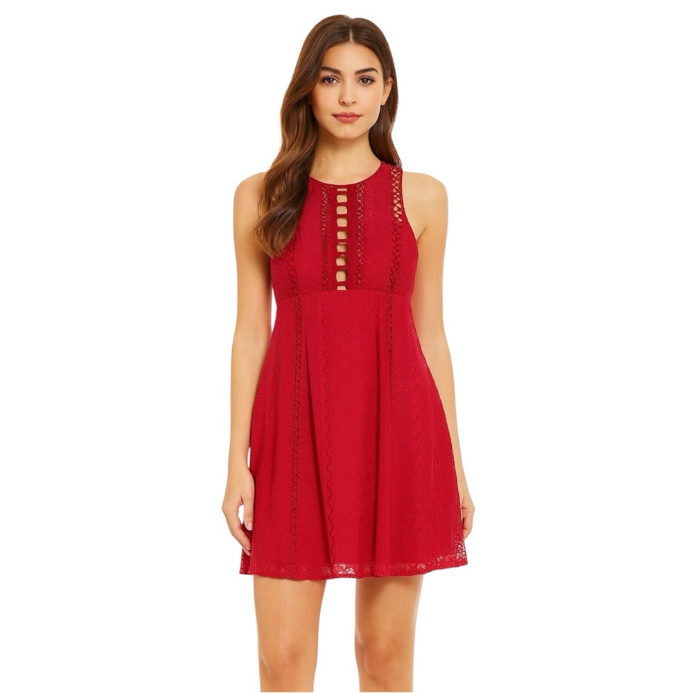 Free People Wherever You Go Red Lace Bohemian Summer Festival Mini Dress - US 2